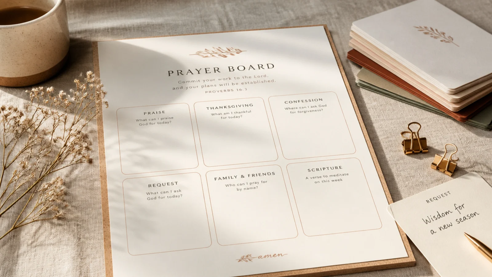 Matching cream cards being written with one pen beside a stack of cardstock and mini clips.