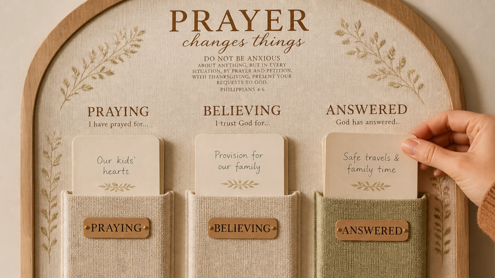 A hand moving a card into the Answered zone of a finished, in-use prayer board.