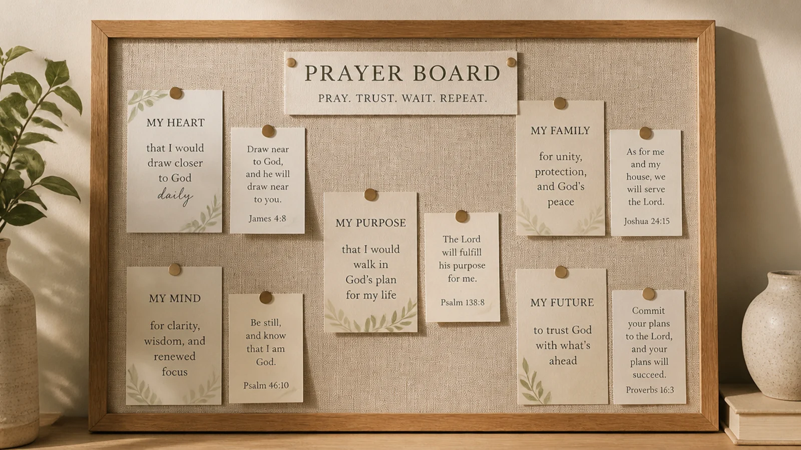 A tidy board with a few goal cards each paired with a small scripture card beside it.