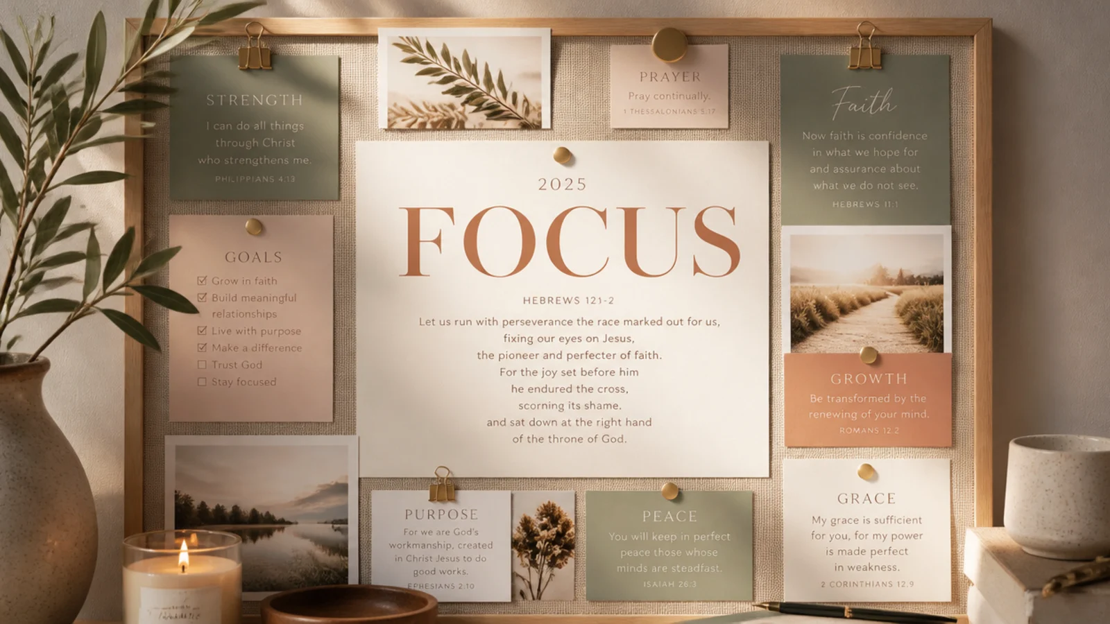 A large single word for the year lettered in the center with supporting verse and goal cards around it.