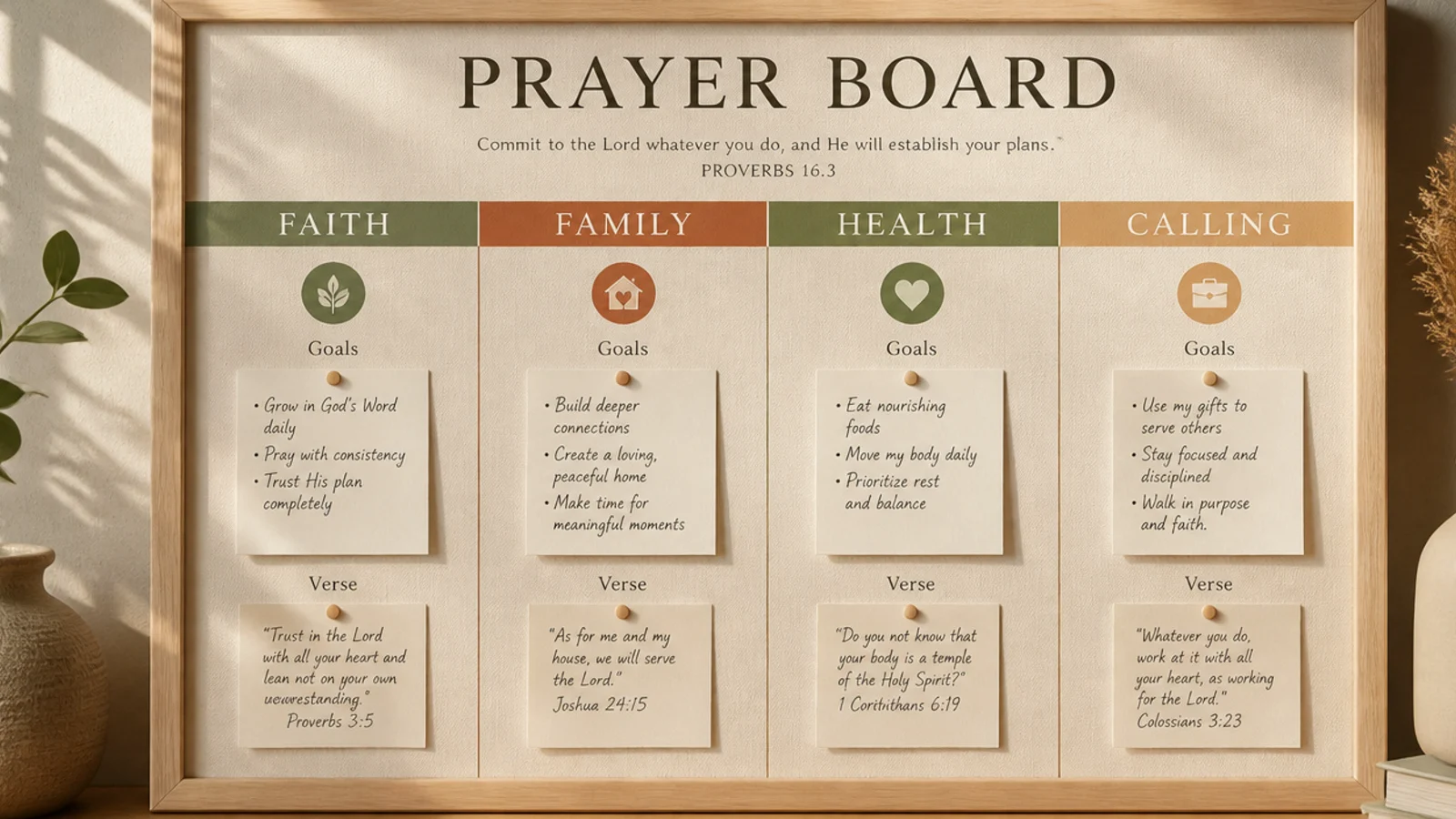 A board divided into labeled zones for faith, family, health, and calling, each with goals and a verse.