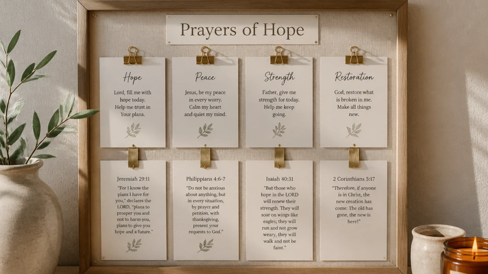 Paired cards clipped together, each hope card linked to a scripture promise card by a ribbon.
