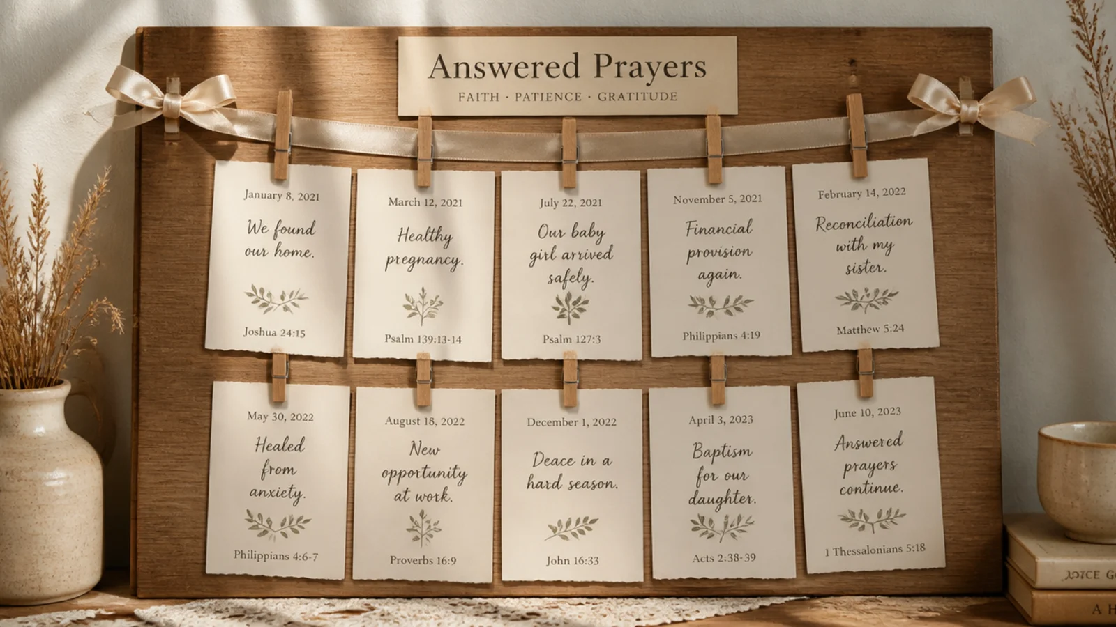 A ribbon strung across a board holding dated cards of hopes that have been fulfilled over time.