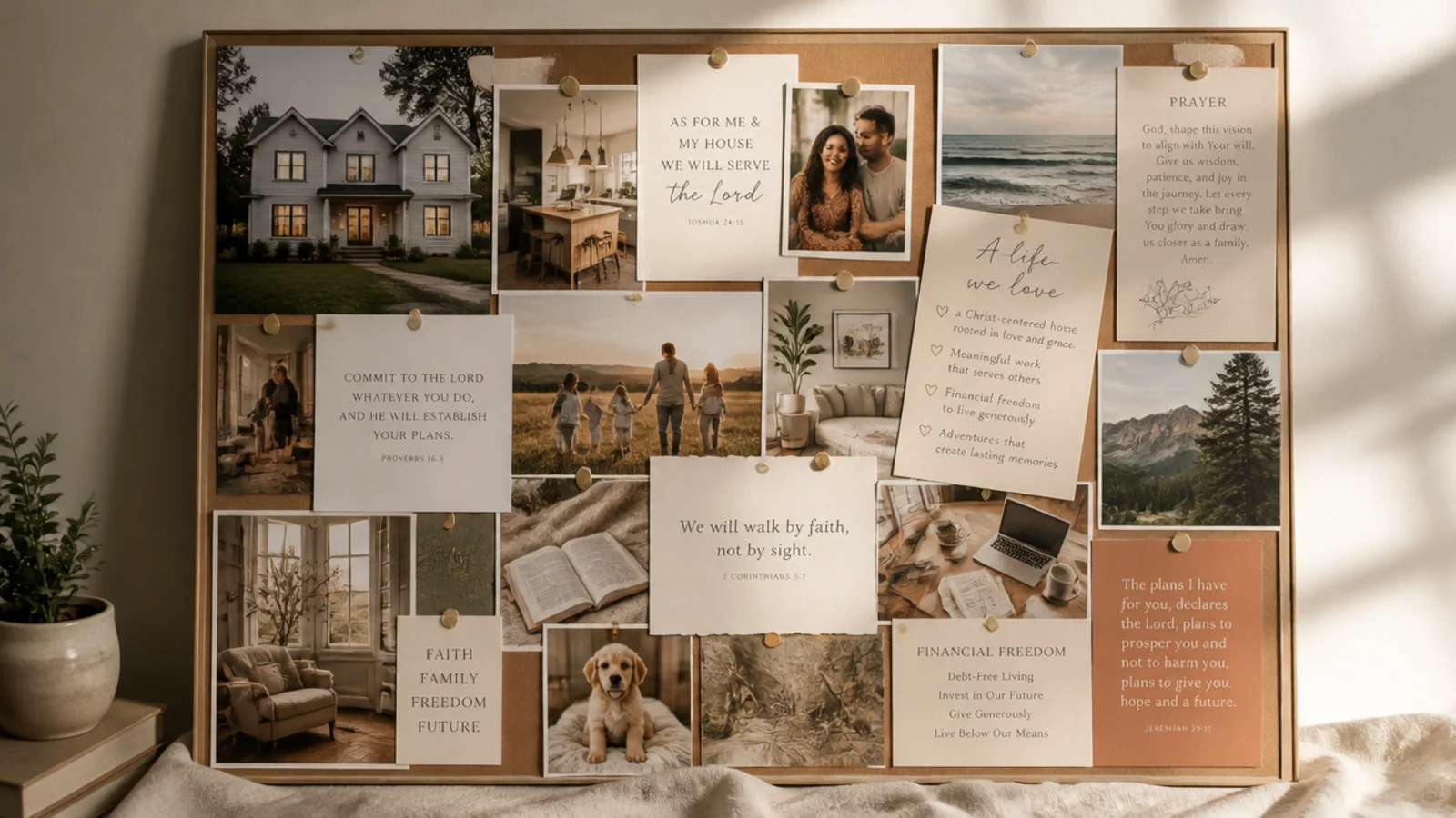 A board with images of a hoped-for home and family life paired with scripture and prayer cards.