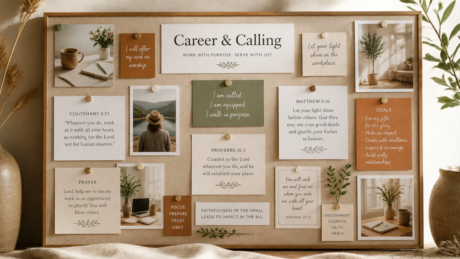 A board mapping career and calling hopes with scripture about work and purpose beside each.
