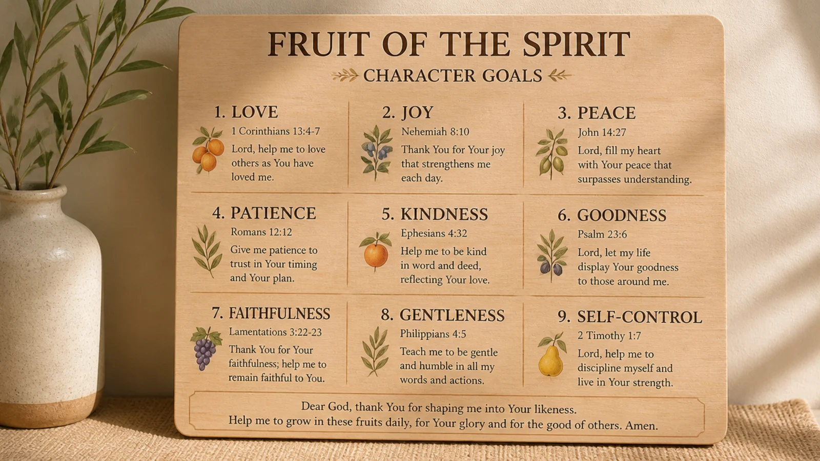 A board listing fruit-of-the-spirit character goals each with a verse and a small prayer.