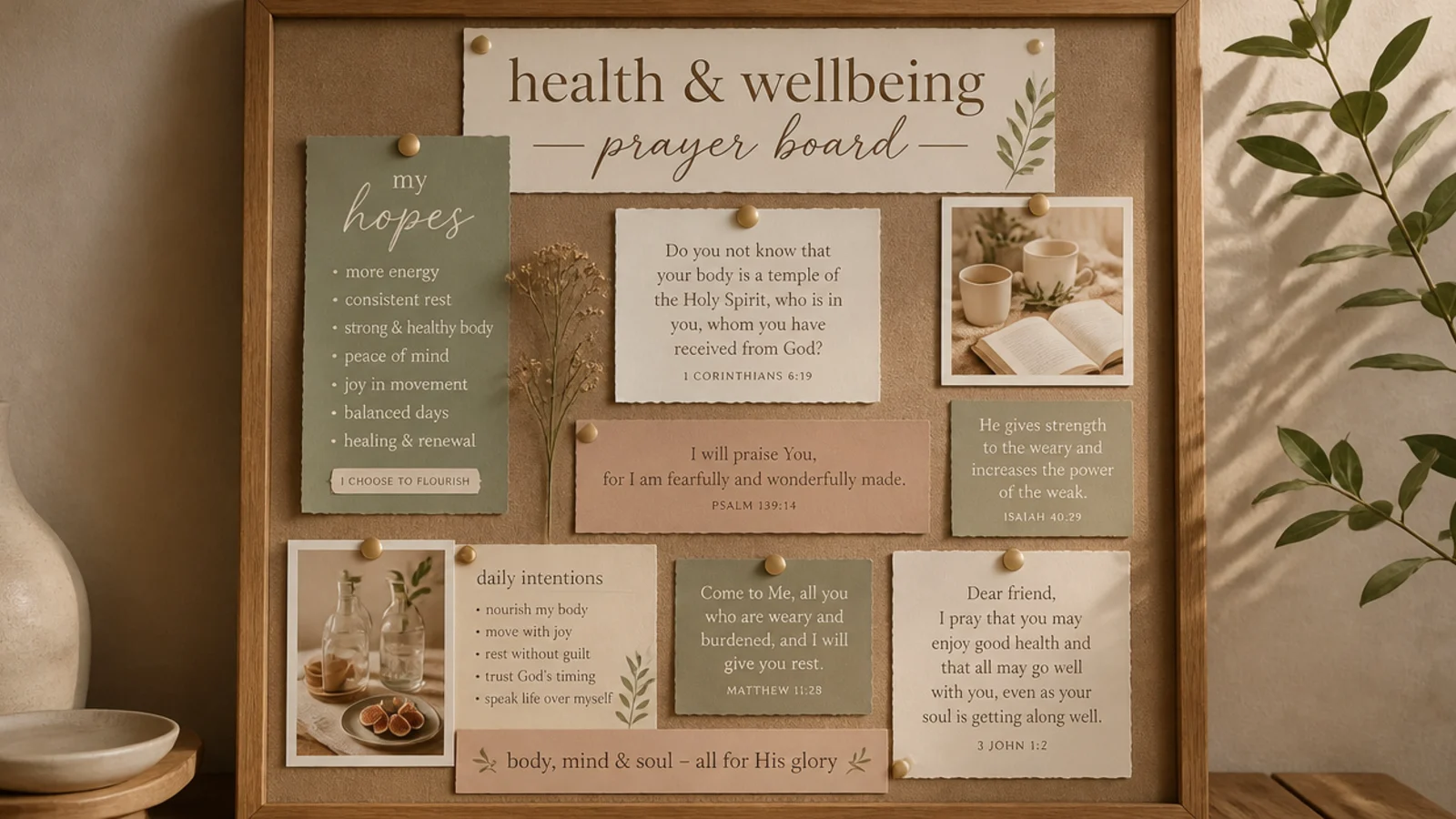 A board with health and wellbeing hopes paired with scripture about the body and rest.