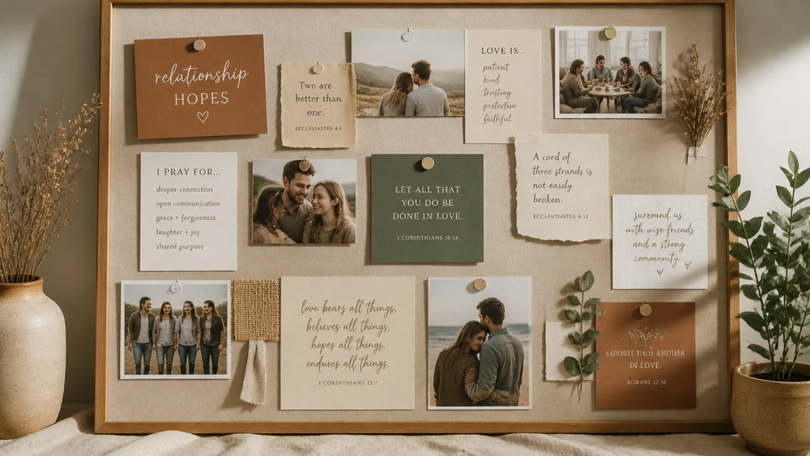 A board of relationship hopes with photos of loved ones and scripture about love and community.