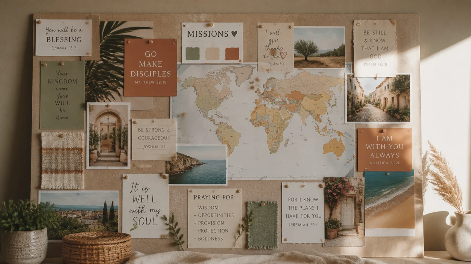 A board with a map and images of places, pairing travel and missions hopes with scripture.
