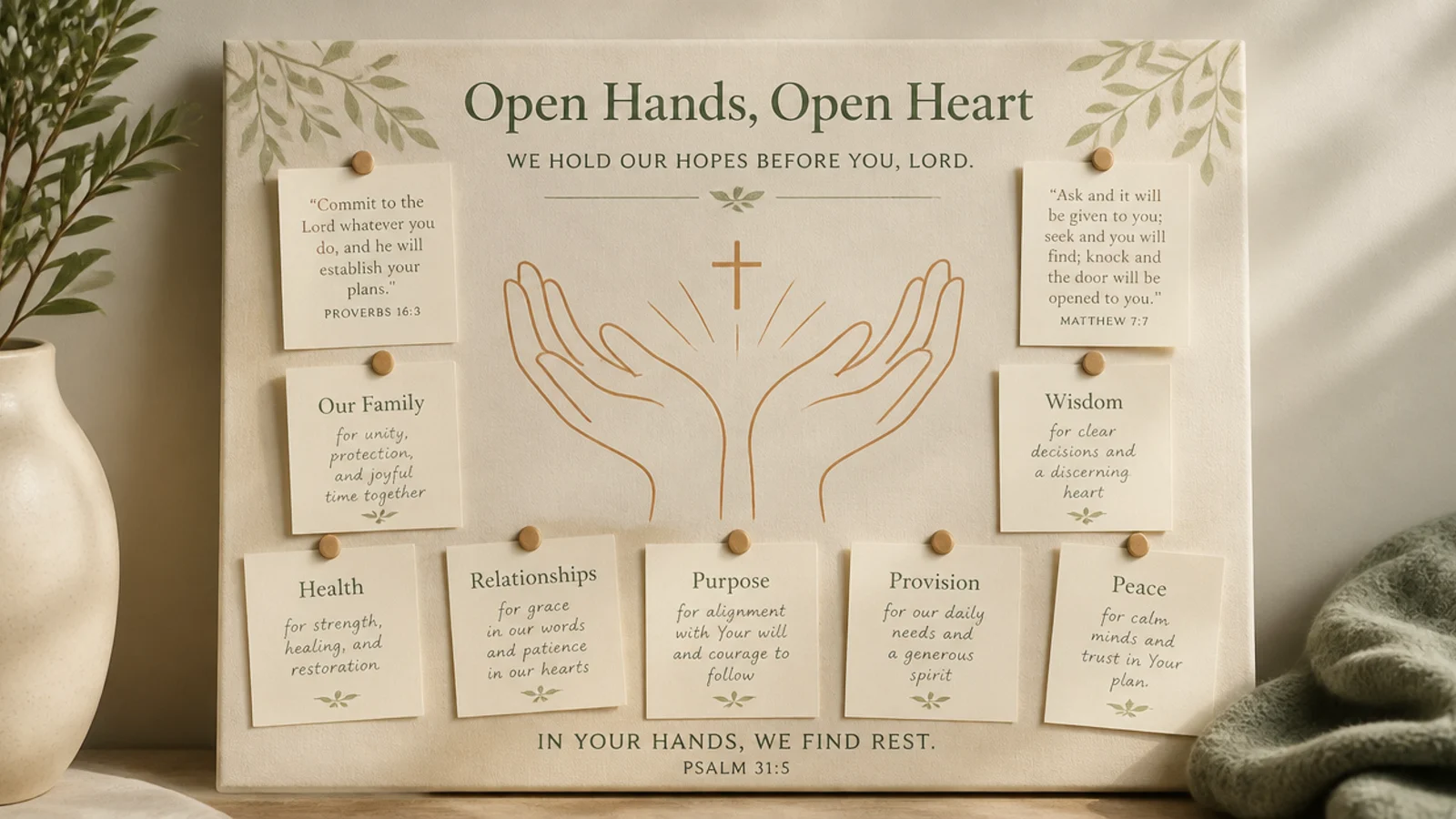 A board with an open-hands motif and cards of hopes deliberately held open before God.