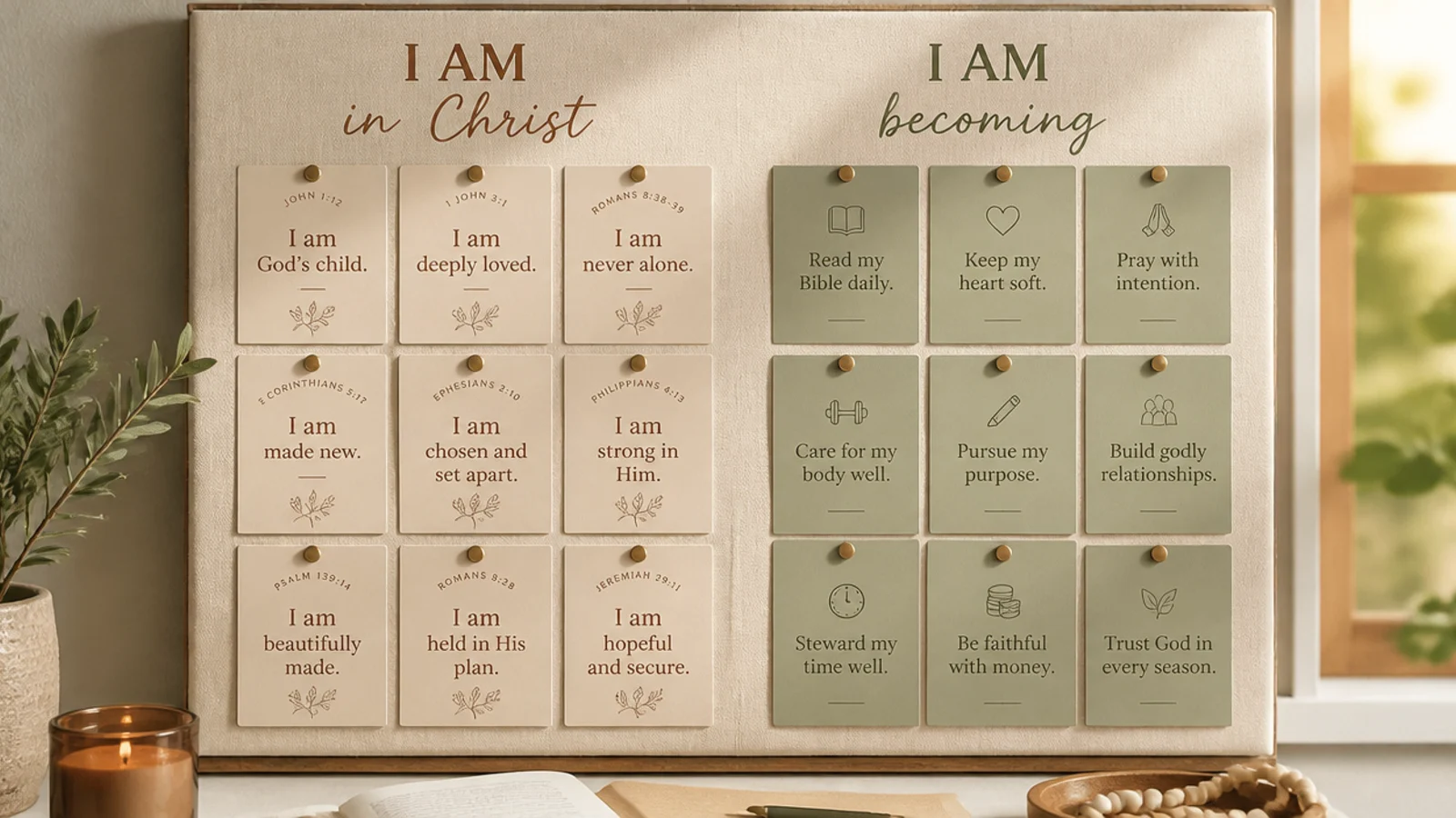 A board pairing scripture-based identity affirmations with goal cards in a two-column layout.