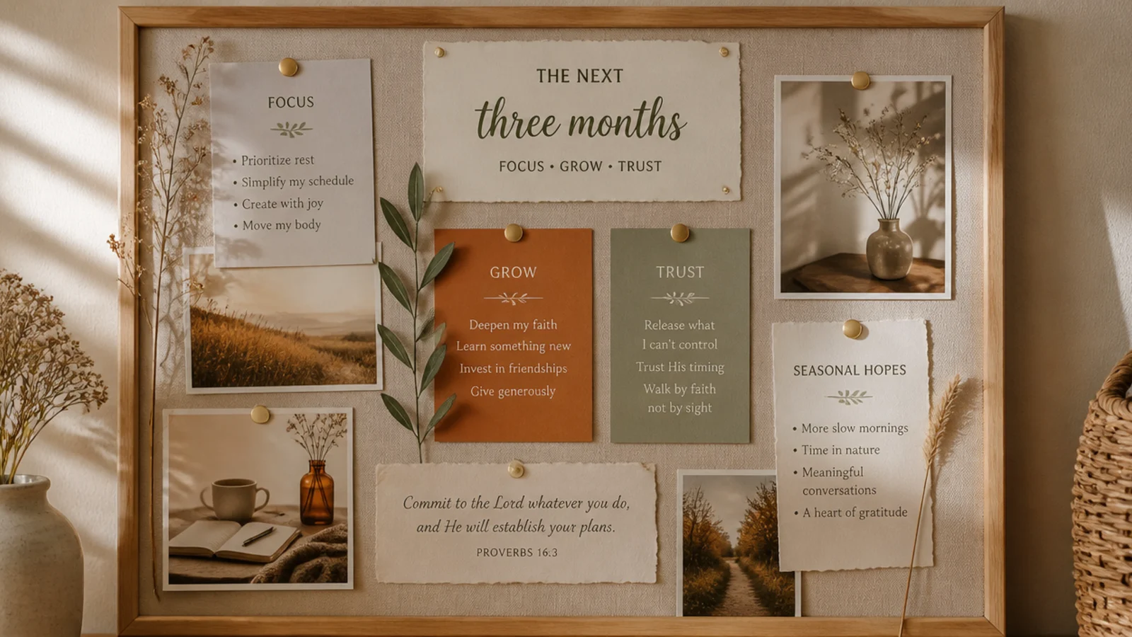 A board focused on the next three months with a few seasonal hopes and a guiding verse.