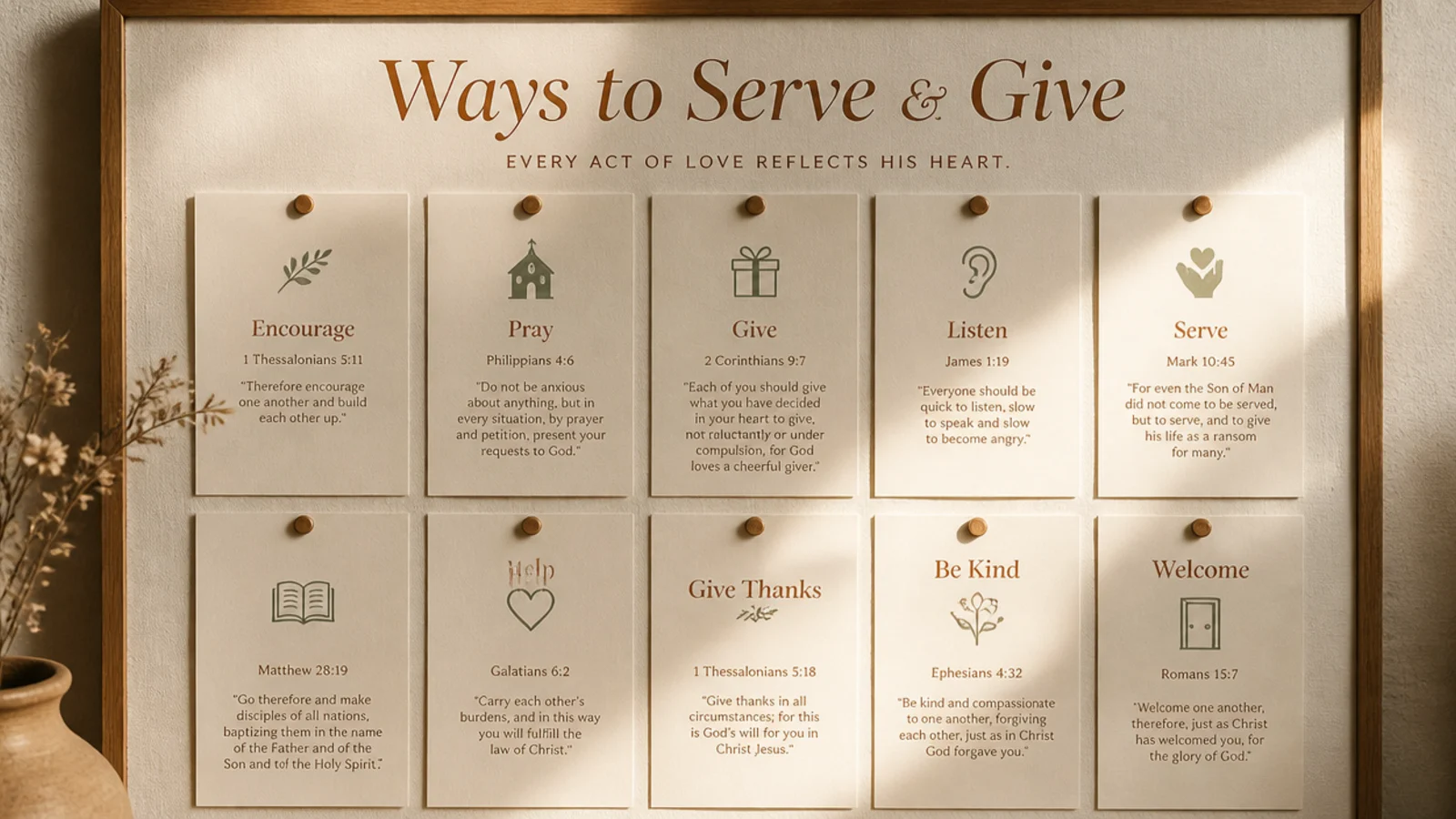 A board mapping ways to serve and give with scripture about generosity and service beside each.