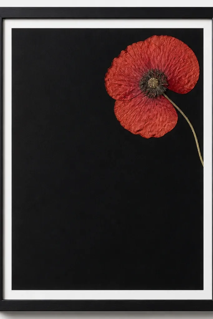 A vertical frame with a black backing. A single pressed red poppy sits in the top-right corner, angled slightly toward the center. The rest of the frame is empty, with a thin white mat edge around the flower.