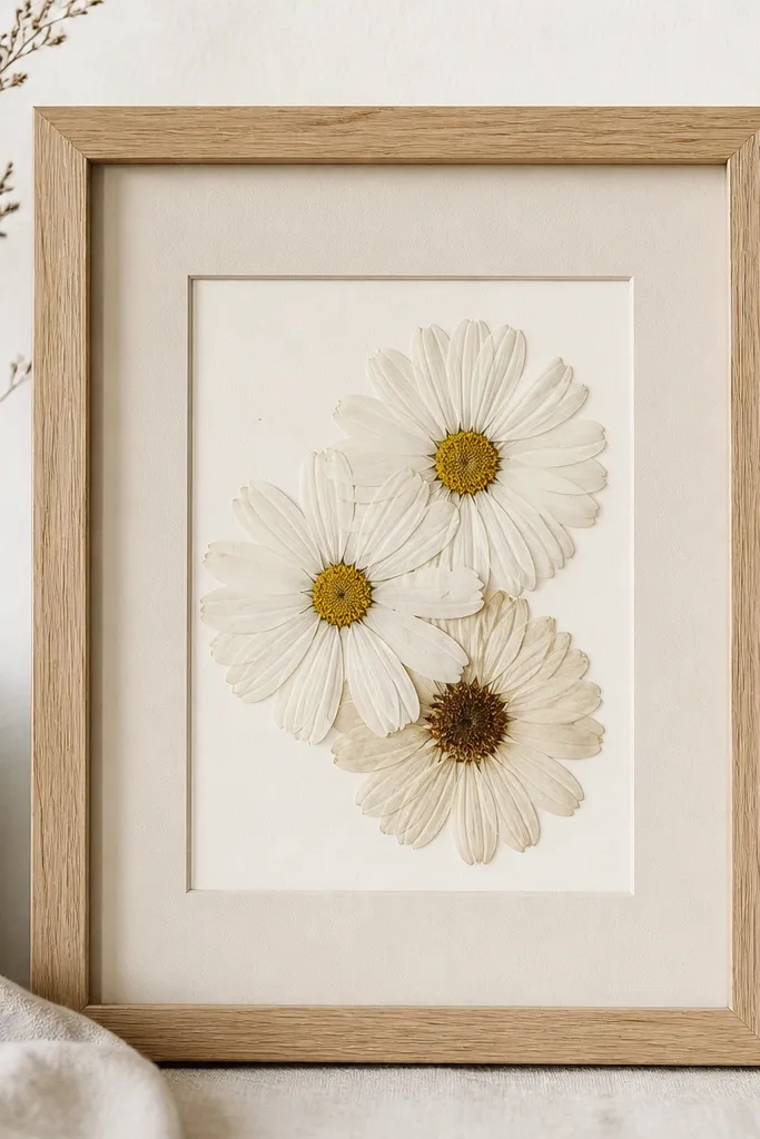 A light wood frame with a warm off-white backing. Three pressed white daisies overlap slightly, with the top daisy petals crisp and the bottom one showing its brown center. A beige mat border frames the cluster.