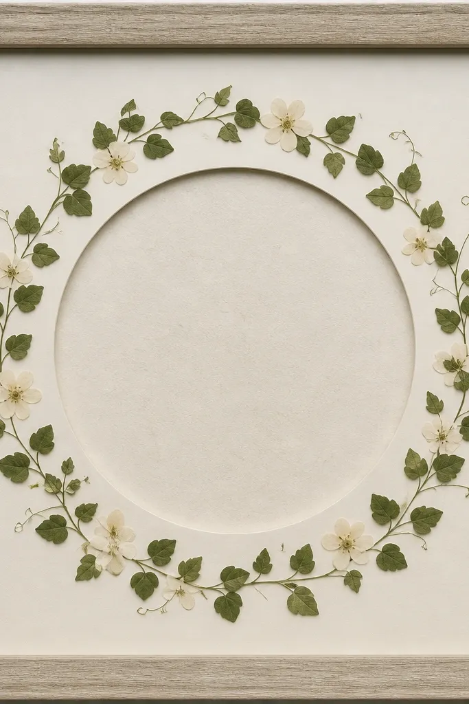 A square frame with a round window in the mat. Pressed green vines form a halo around the circle, with small pale blossoms spaced around the ring. The center is mostly empty, showing the backing paper.