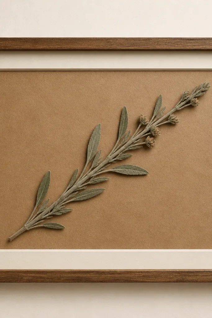 A horizontal frame with kraft brown backing. A single pressed sage sprig runs diagonally from bottom-left to top-right. Small dried seed heads sit along the sprig, and the mat edge is a muted cream.