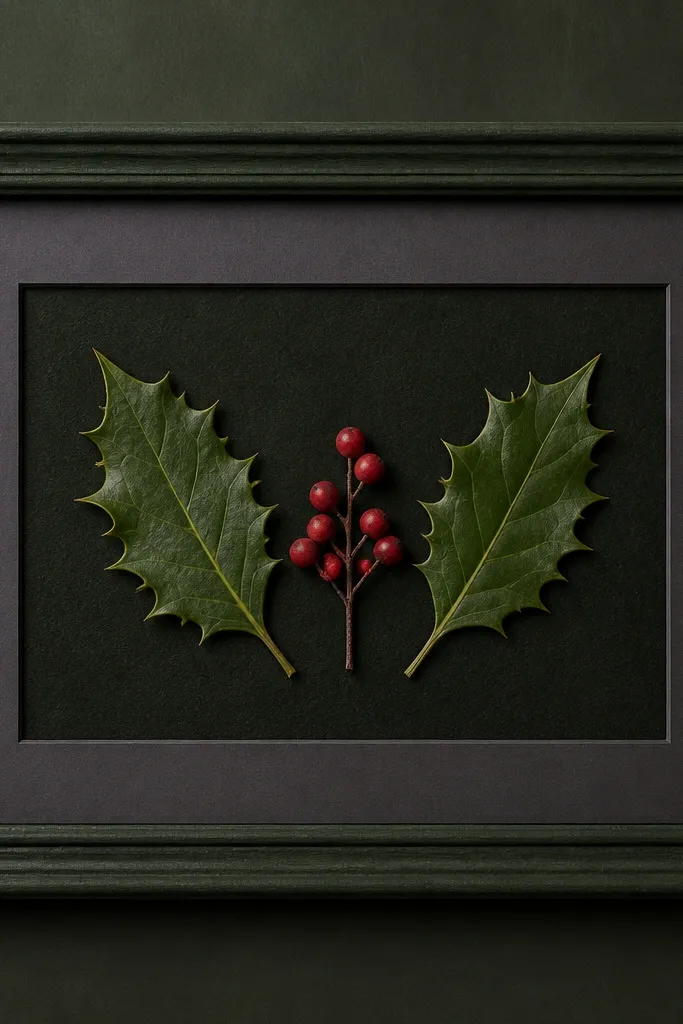 A dark green frame with deep forest backing. Two pressed holly leaves sit symmetrically left and right, with red holly berries between them. The mat is charcoal gray.