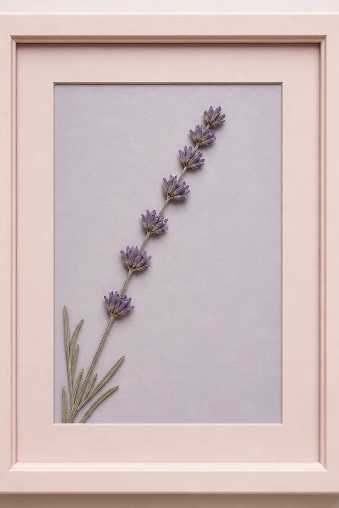 A pale pink frame with a blush mat. A pressed lavender sprig angles upward from the bottom-left, its purple spikes evenly spaced. The backing is a soft gray-lilac paper.