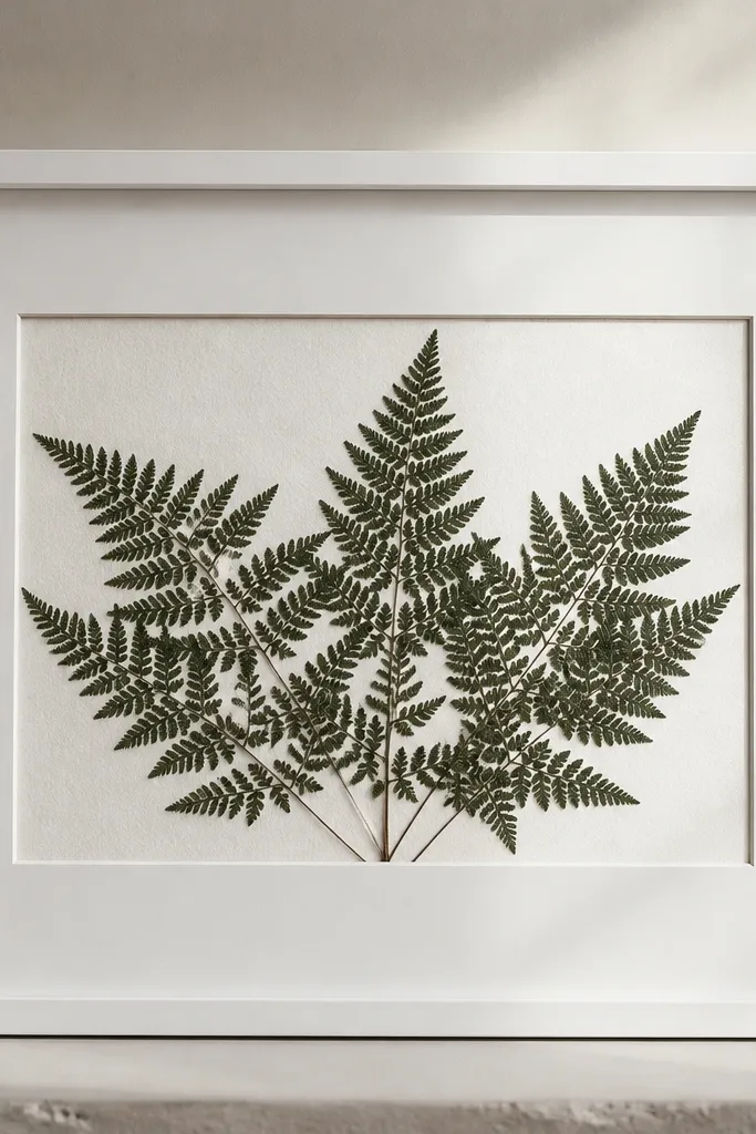 A white frame with a thick white mat. Pressed fern fronds spread horizontally across the mat window, mostly black-green with crisp edges. The backing is textured white paper.