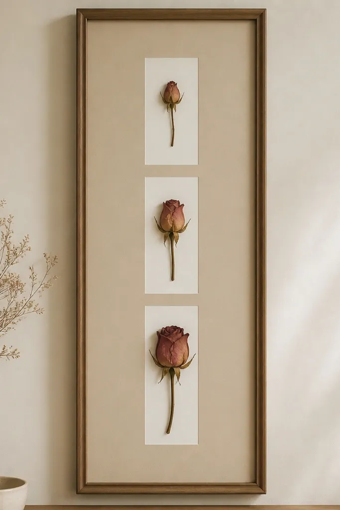 A tall frame with a muted beige backing. Three pressed rosebuds line up vertically, from small at top to larger at bottom. There is a narrow white mat column behind each bud.