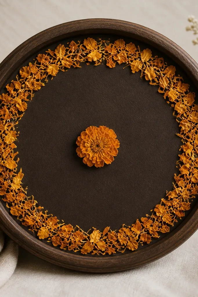 A round frame with a dark brown backing. Small pressed marigold petals form a border ring near the edges. The center is empty except for one small marigold bloom.