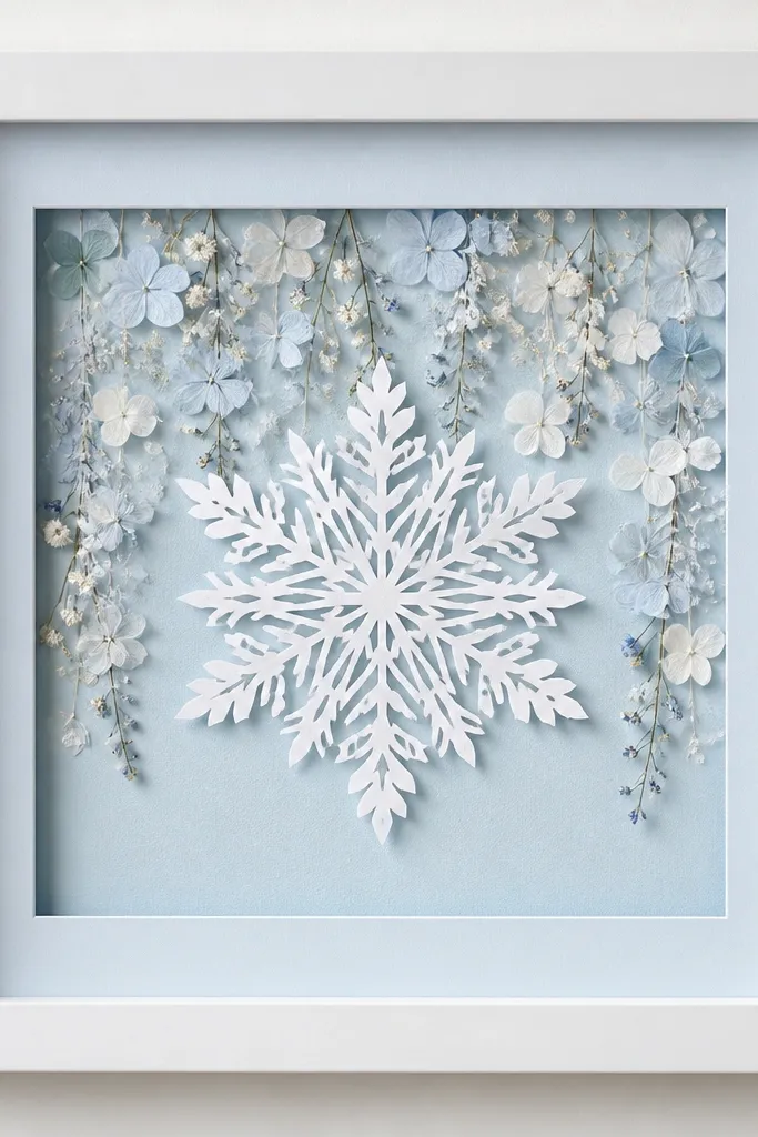 A white frame with a light blue backing. A paper snowflake cutout sits in the middle, and behind it are pressed pale blue and white blossoms arranged like tiny icicles. The mat is icy blue.