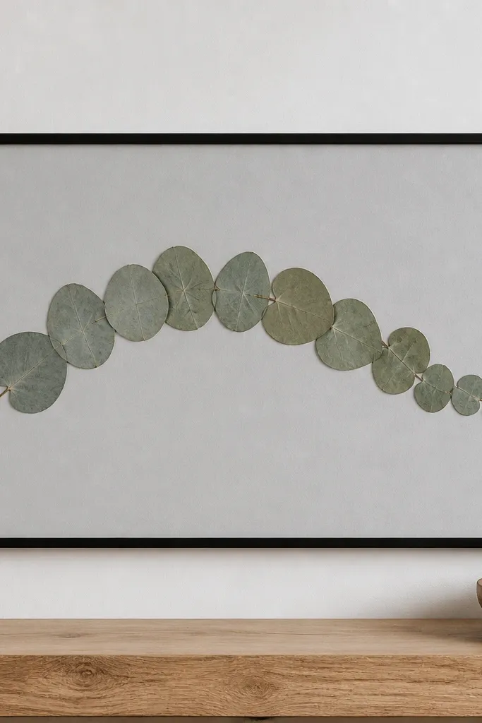 A slim black frame with a light gray backing. Pressed eucalyptus leaves form a single sweeping line from left to right. The leaves overlap slightly but stay in a clean arc.