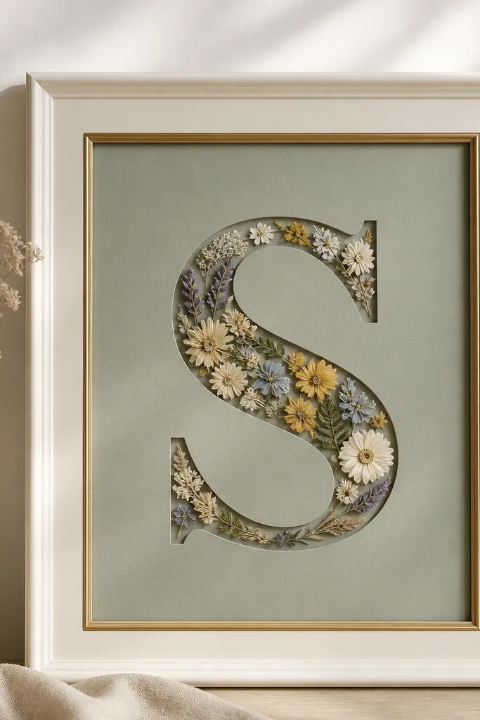 A cream frame with a thin gold mat. A cutout letter 'S' sits in the center, and tiny pressed flowers fill the letter shape. The backing is a soft sage green.