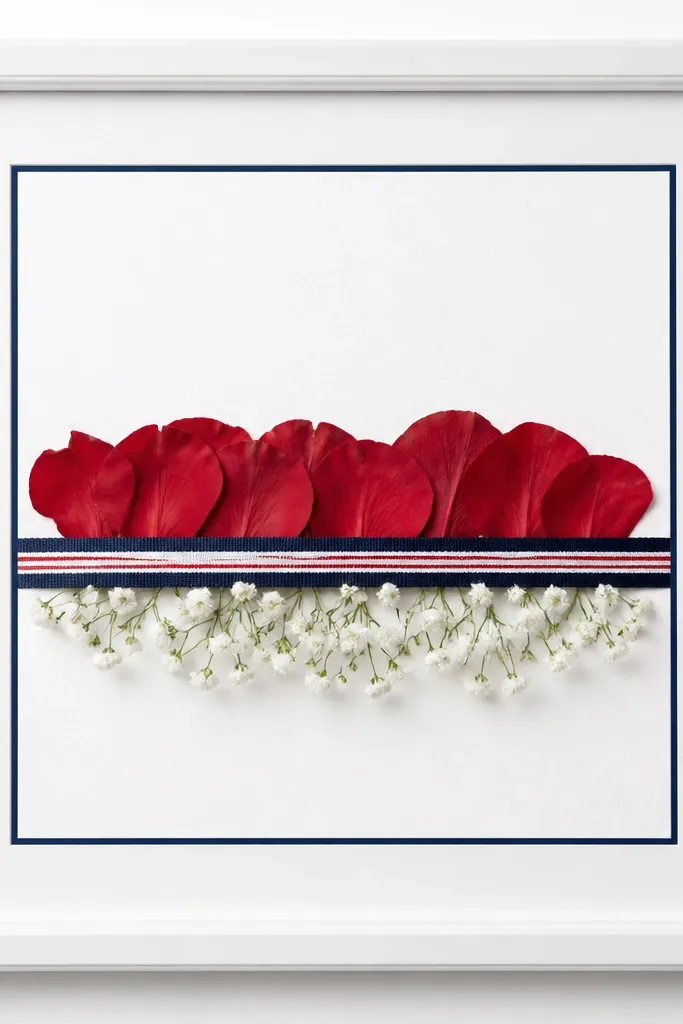 A patriotic frame with a white backing. A thin ribbon band runs horizontally across the middle, and pressed red petals sit above the ribbon while small white flowers sit below. The mat is crisp white with a blue border line.