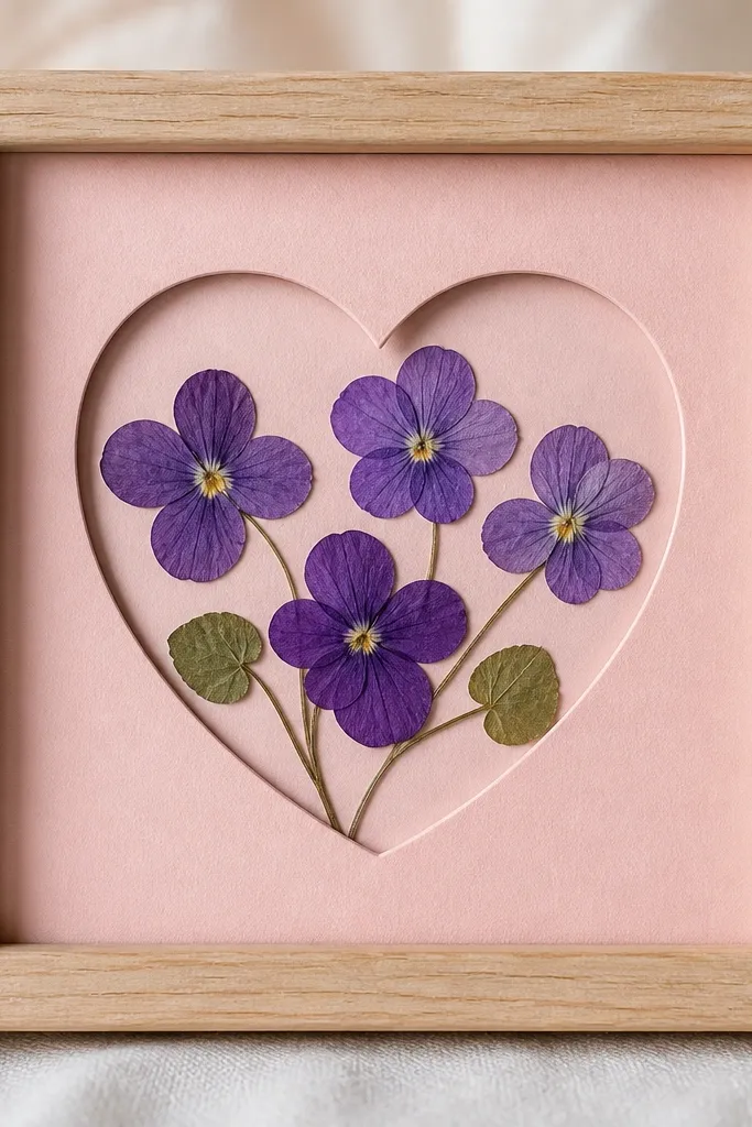 A small square frame with pink backing. A heart-shaped mat cutout is centered. Pressed violet flowers sit inside the heart, with purple petals and tiny yellow centers. The heart edges are smooth and clean.