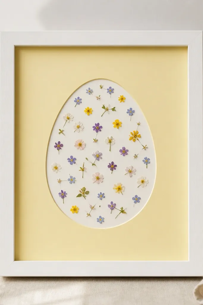 A white frame with a pastel yellow backing. An egg-shaped outline is cut from cardstock and mounted in the center. Inside the outline, tiny pressed blossoms are scattered like speckles.