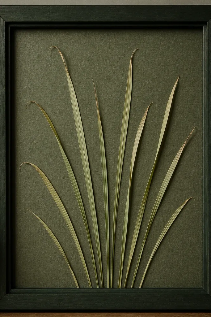 A dark green frame with textured moss-green backing. Several pressed grass blades radiate upward in a loose fan pattern. The blades are thin, with clear midlines and slightly curled ends flattened.