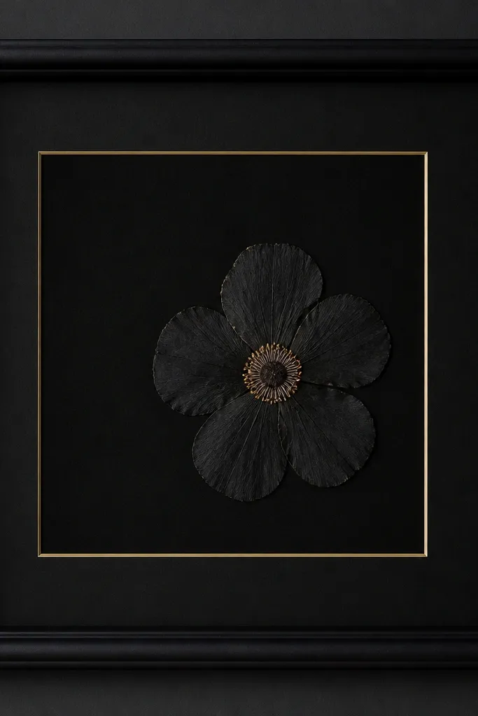 A black frame with a deep black backing. One pressed black bloom sits slightly off-center. A thin gold mat line borders the flower window.