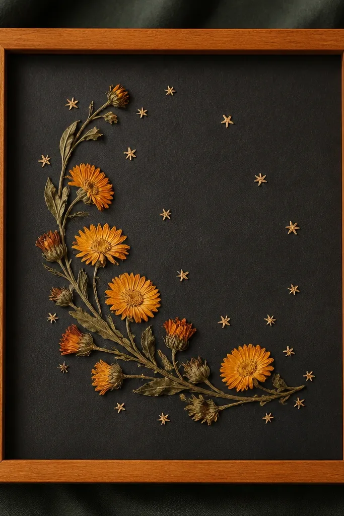 An orange-brown frame with a charcoal backing. Pressed calendula sprigs are arranged in a curved line, like a crescent. Small star-shaped dried petals are scattered around the sprigs.