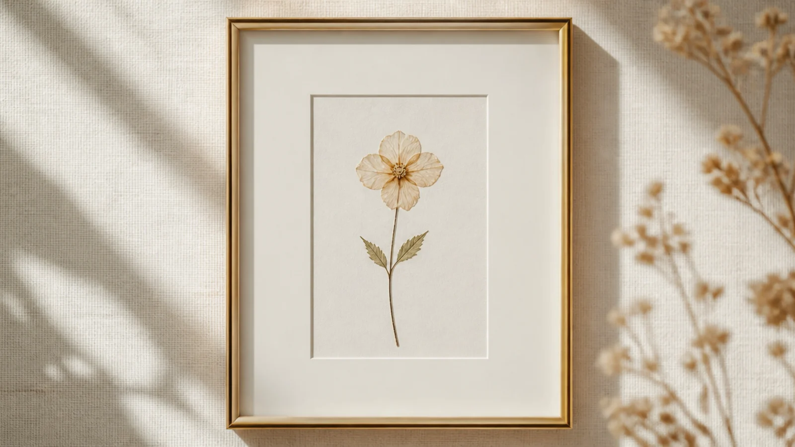 A slim frame holding one pressed flower on a long stem placed slightly off-center on a wide white mat.