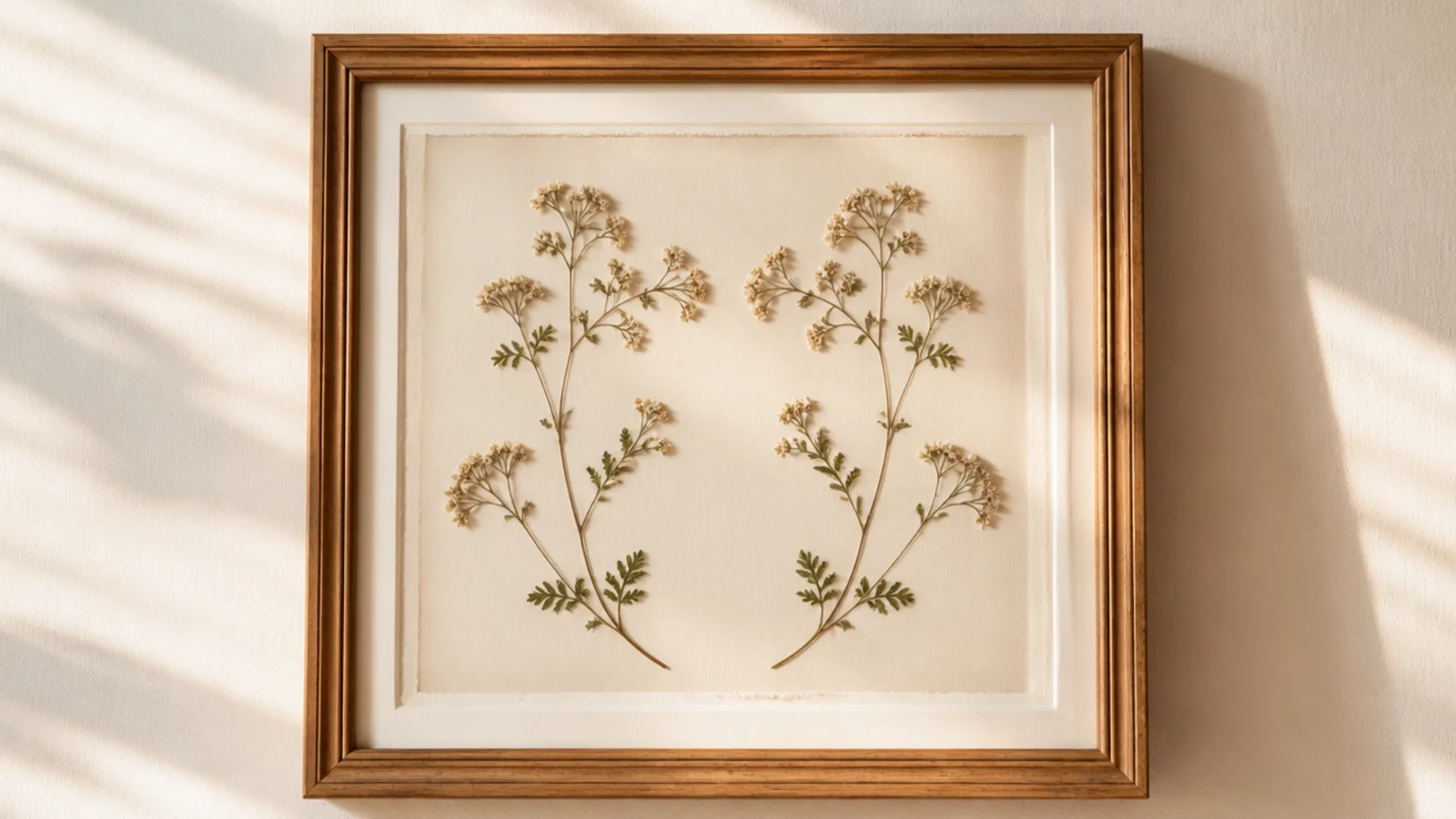 A frame with two matching pressed stems arranged as mirror images facing each other on cream backing.