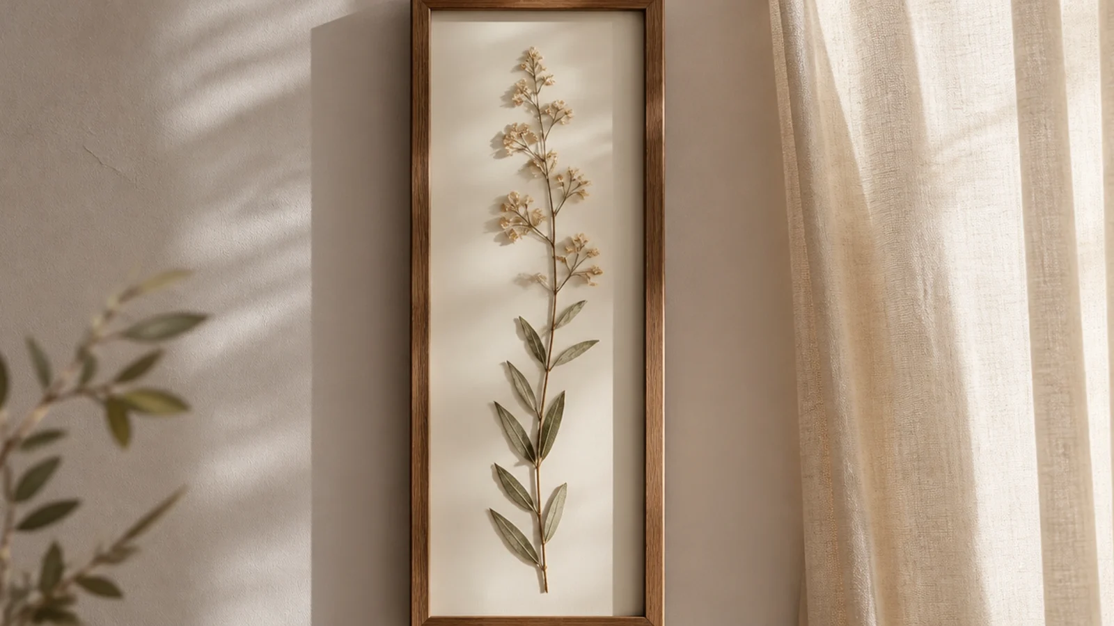 A tall narrow frame holding a single long pressed stem running the full height on a pale backing.