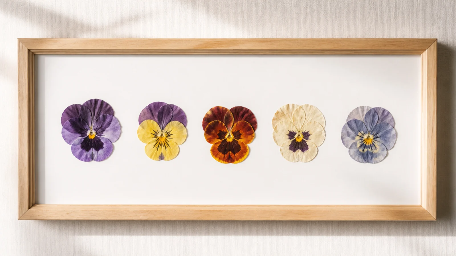 A frame with a horizontal row of five pressed pansies, each showing its distinct face, evenly spaced on white.