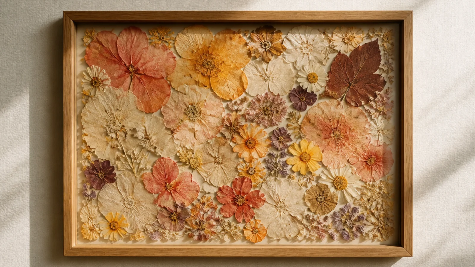 A frame densely filled with overlapping pressed petals and small flowers in mixed warm colors covering the backing.