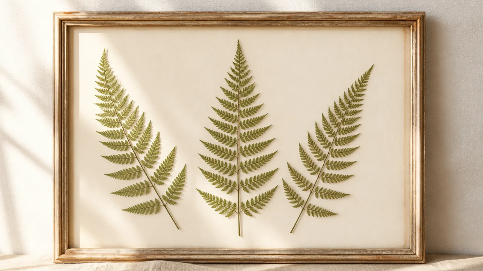 A frame with three pressed green fern fronds arranged in a fanned trio on a cream background.