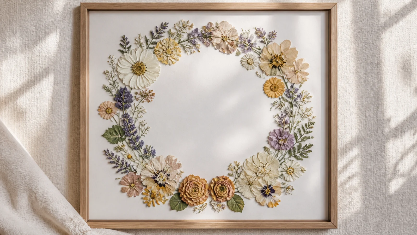 A frame with pressed flowers arranged in a full circular wreath ring around an empty center on white backing.