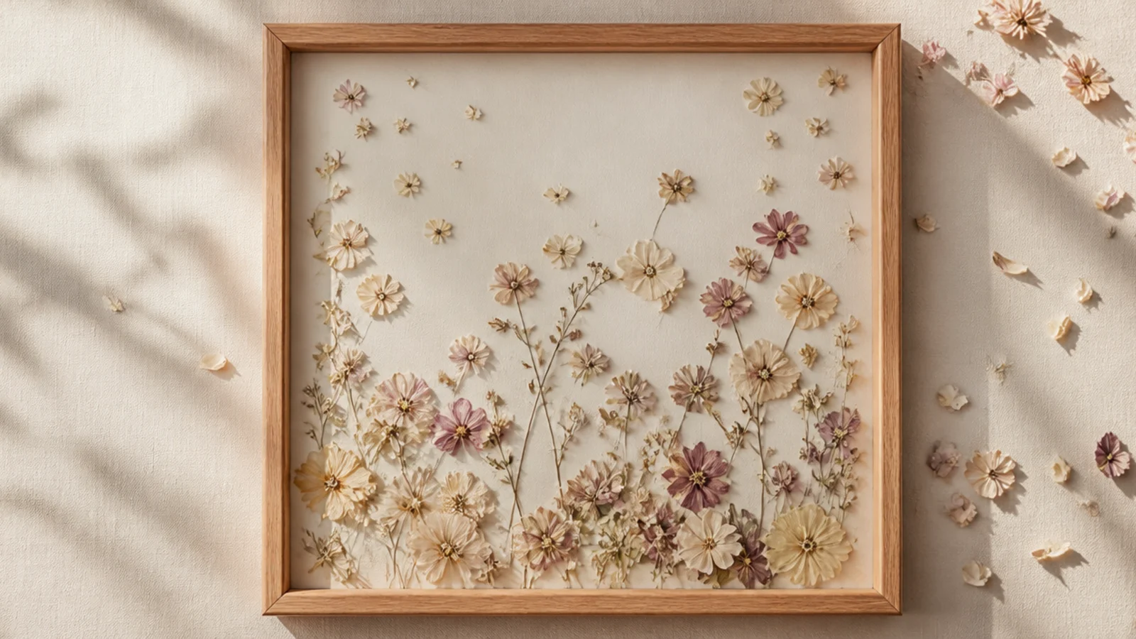 A frame with loose pressed petals scattered as if drifting downward from the top corner across the backing.