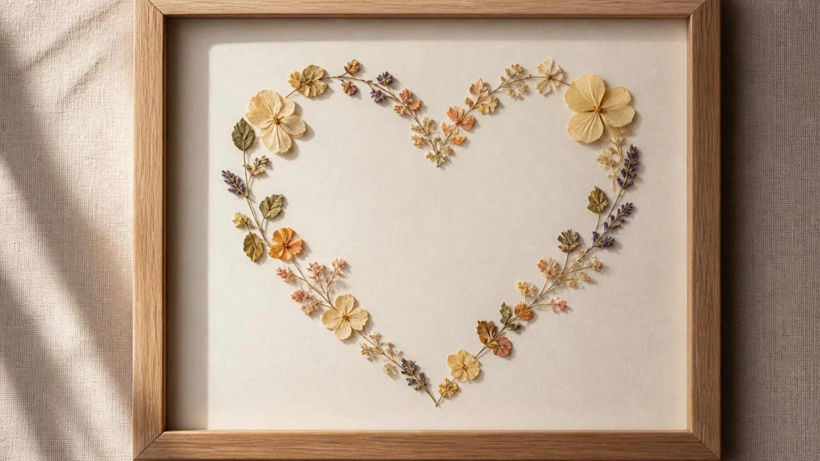 A frame with small pressed flowers and petals arranged to form a heart outline on cream backing.