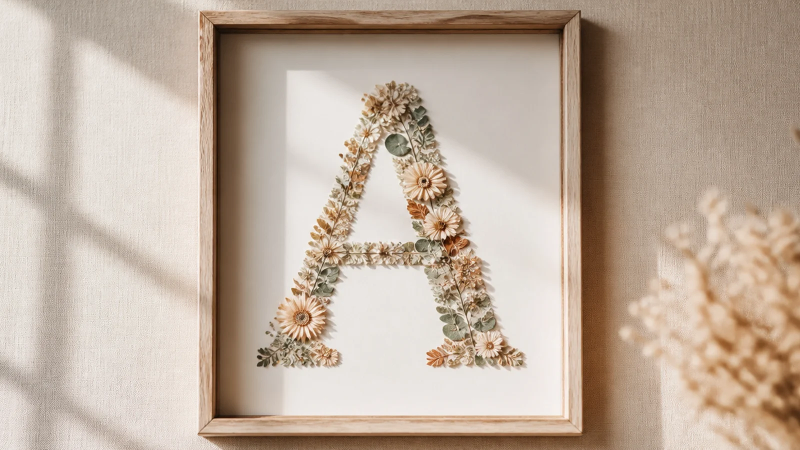 A frame with small pressed flowers arranged to form a single large initial letter on white backing.