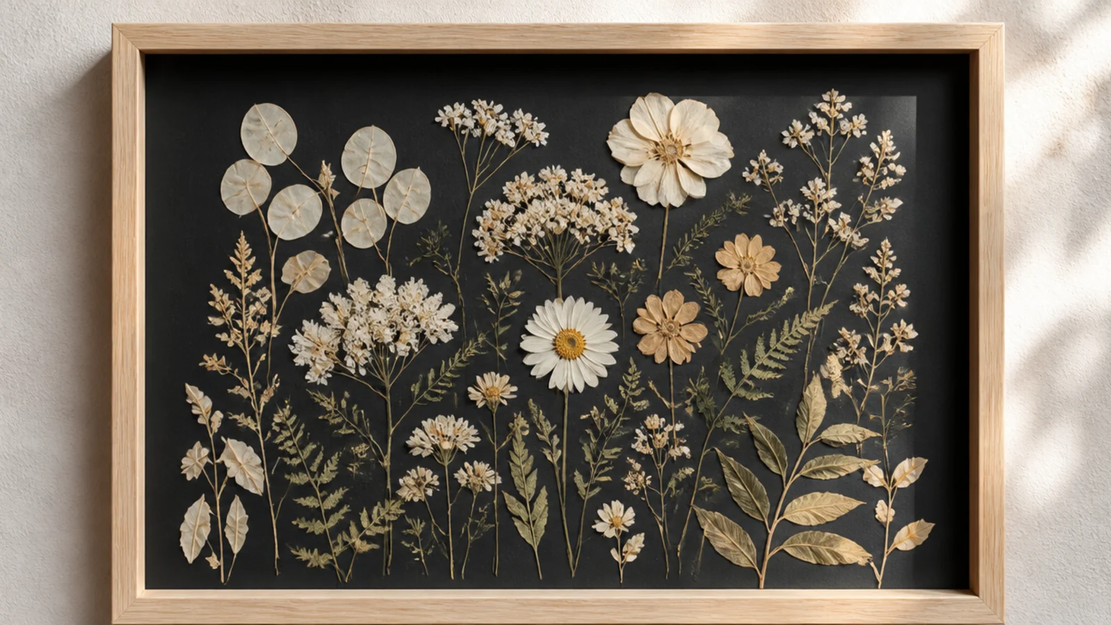 A frame with pale pressed flowers arranged on a deep charcoal-black acid-free background for high contrast.