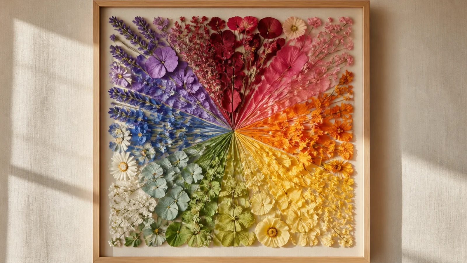 A square frame with pressed flowers sorted by color into wedges forming a full rainbow color wheel.