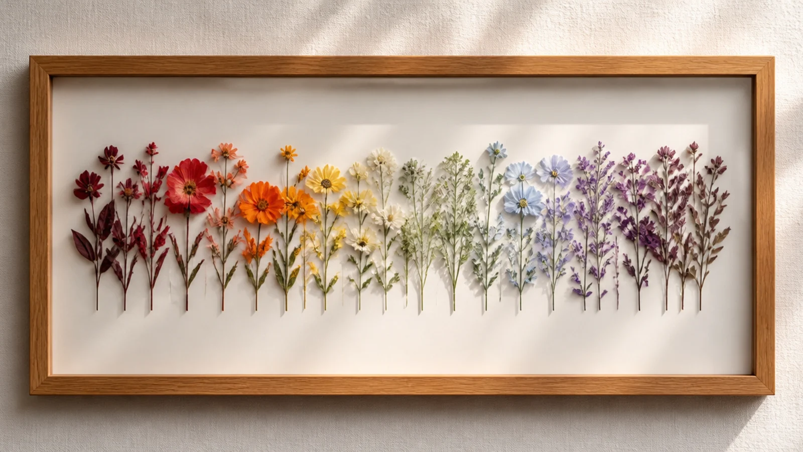 A wide frame with pressed flowers arranged in a single horizontal line moving through the full color spectrum.