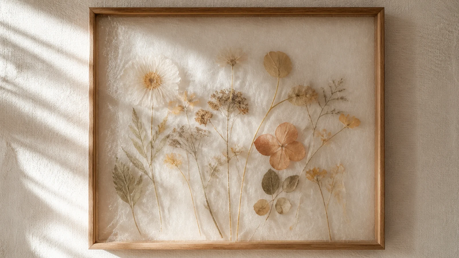 A frame with pressed flowers seen softly through a thin translucent tissue overlay giving a hazy, dreamy look.
