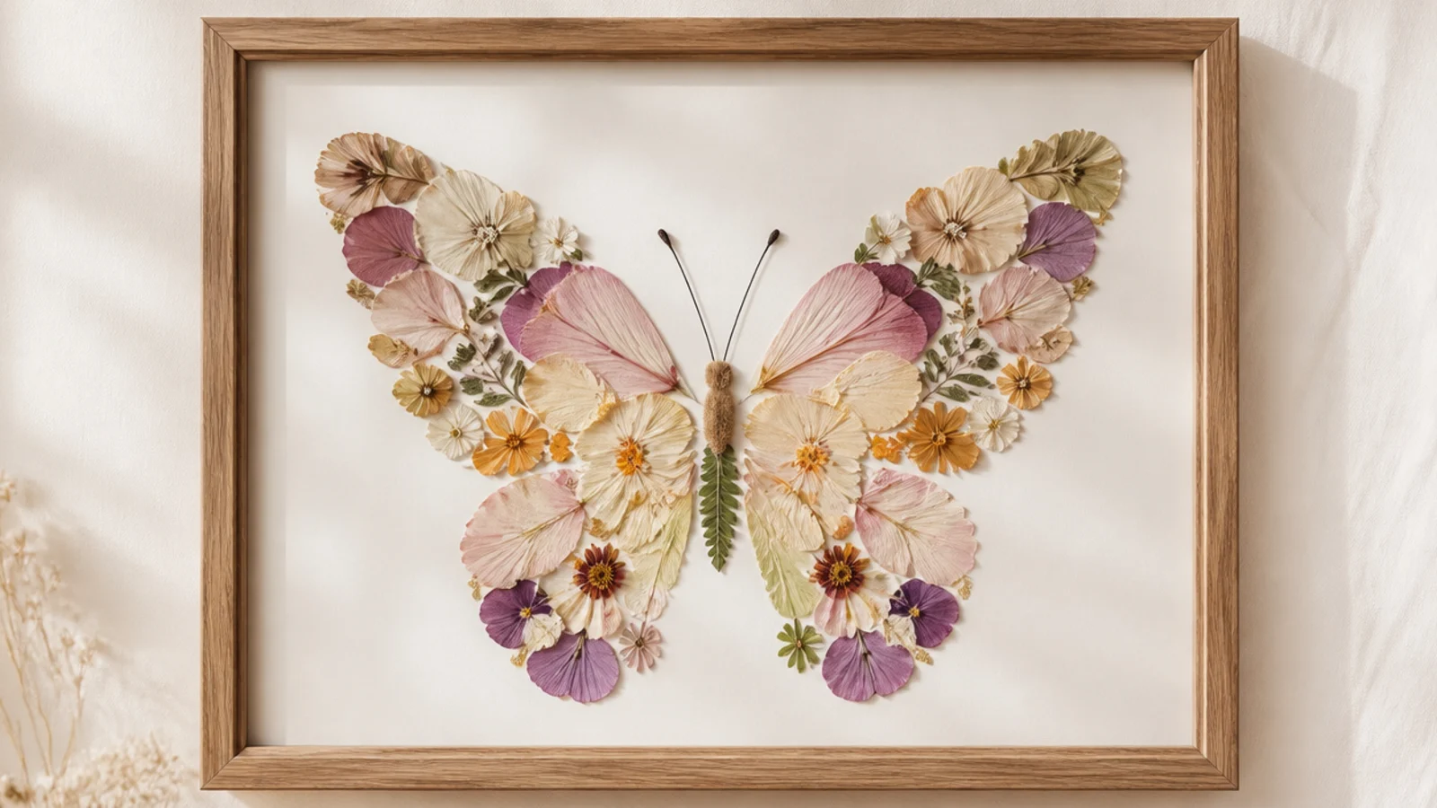 A frame with pressed petals arranged to form the shape of a butterfly with symmetrical patterned wings on white.